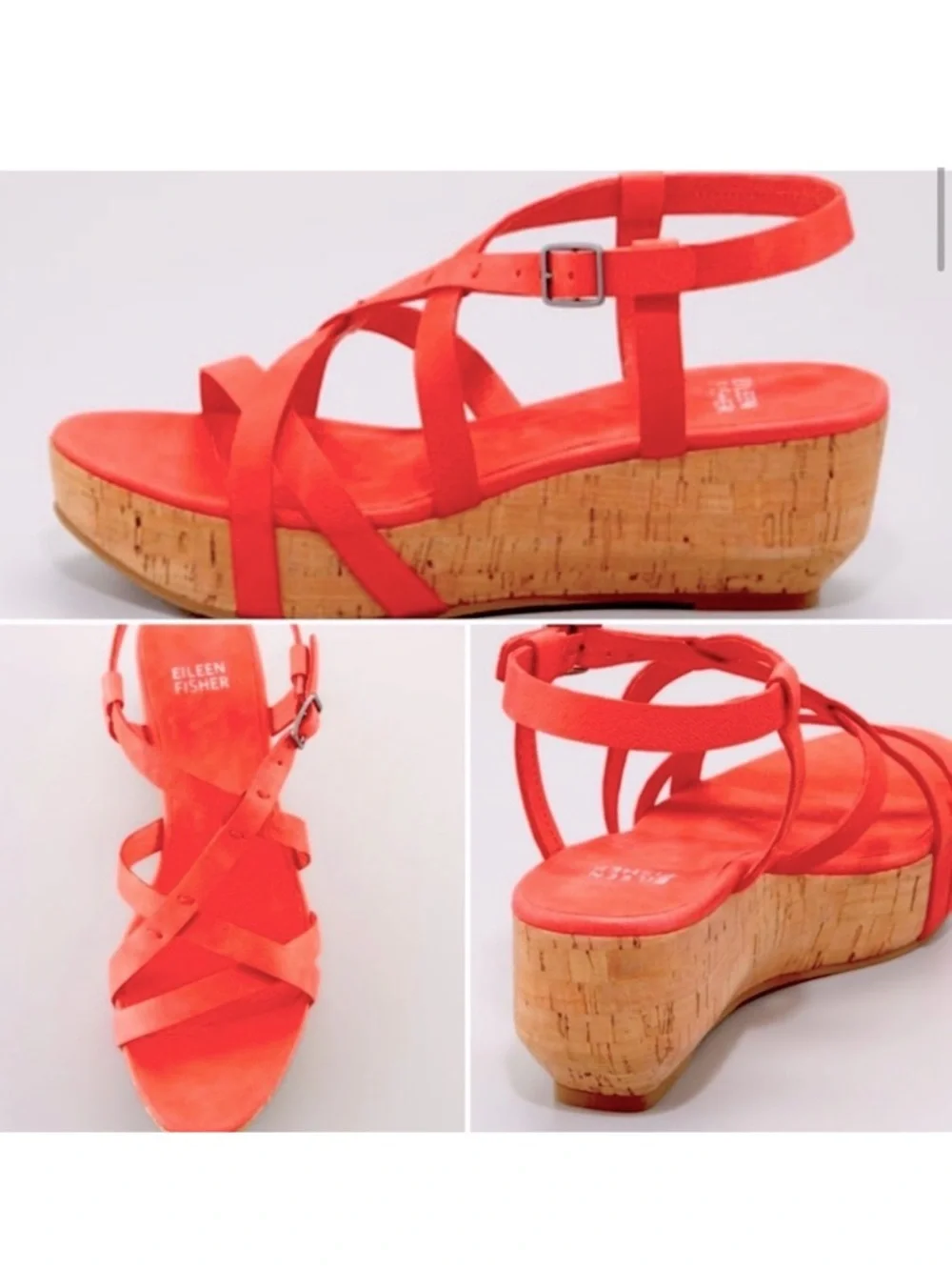 Eileen Fisher Array Platform Sandals Strappy Cork Wedge Coral Orange Size 11